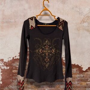 MissMe Y2K Embellished Long Sleeve Waffle Top